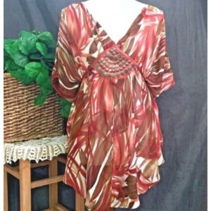 SAPA Tropical Tunic Top Blouse Tropical Sz L Brown